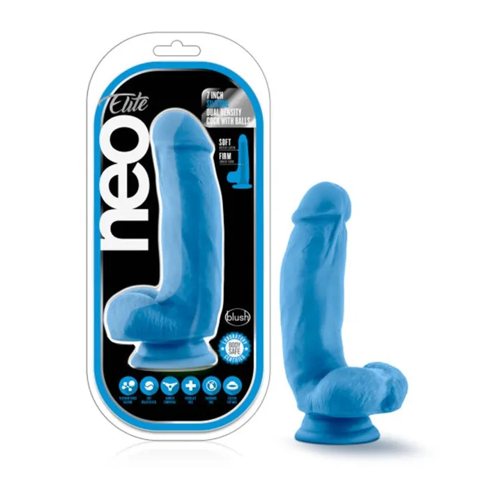 Blush Novelties Female Sex Toys | Neo Elite - 7 Inch Silicone Dual Density Cock  With Balls - Neon Blue