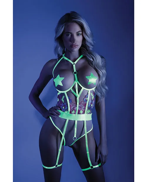 Fantasy Lingerie Anal | Glow Black Light Embroidered Cupless Garter Teddy (pasties Not Included) Neon Chartreuse
