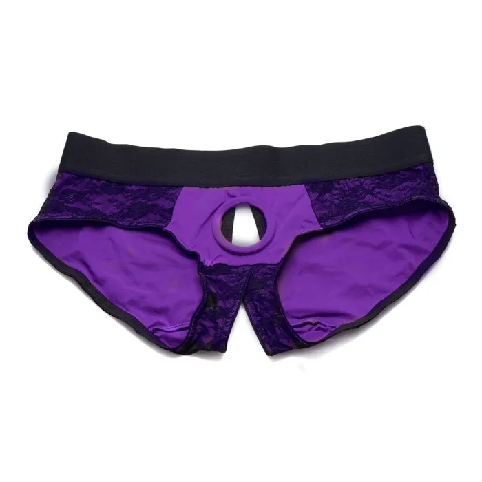 Xr Brands Strap U Vibrators Lace Envy Crotchless Panty Harness S M Black and Purple